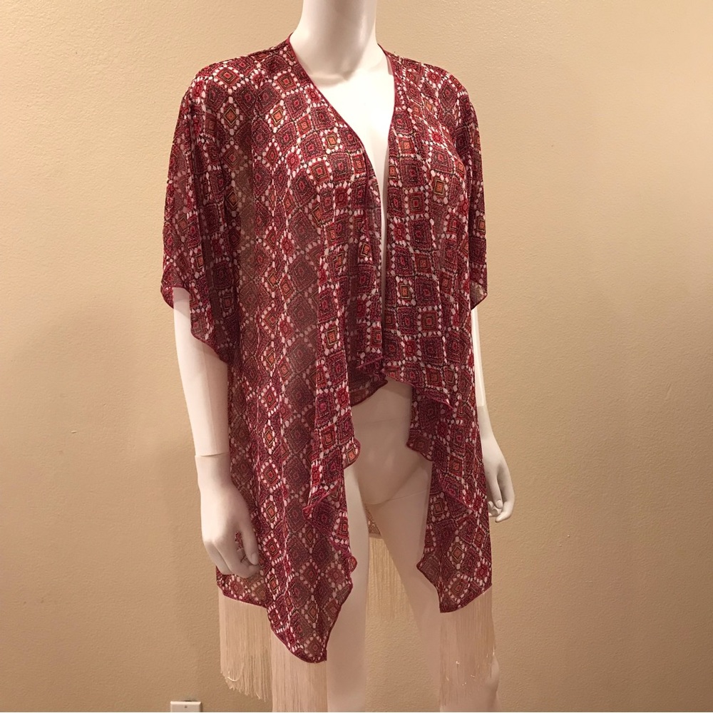 LuLaRoe Sheer Kimono Cover Up Size Small Open Front Fringe Hem Pink Cream Boho